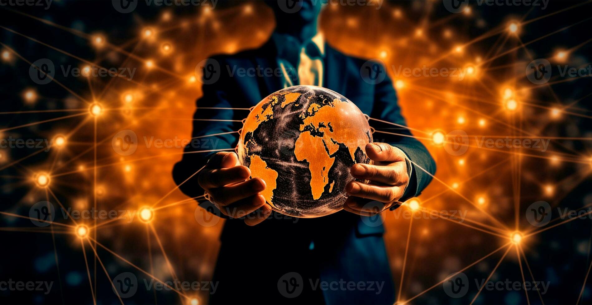 Close-up of a businessman holding a digital globe in his palm, business concept - AI generated image photo