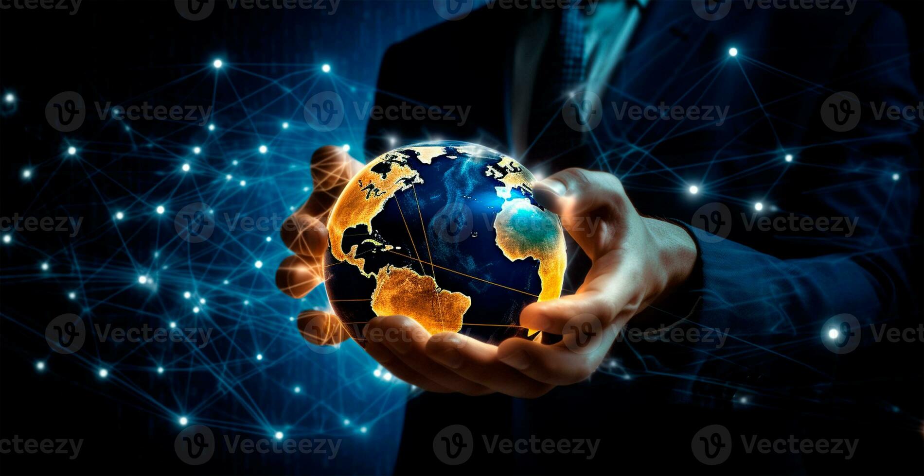 Close-up of a businessman holding a digital globe in his palm, business concept - AI generated image photo