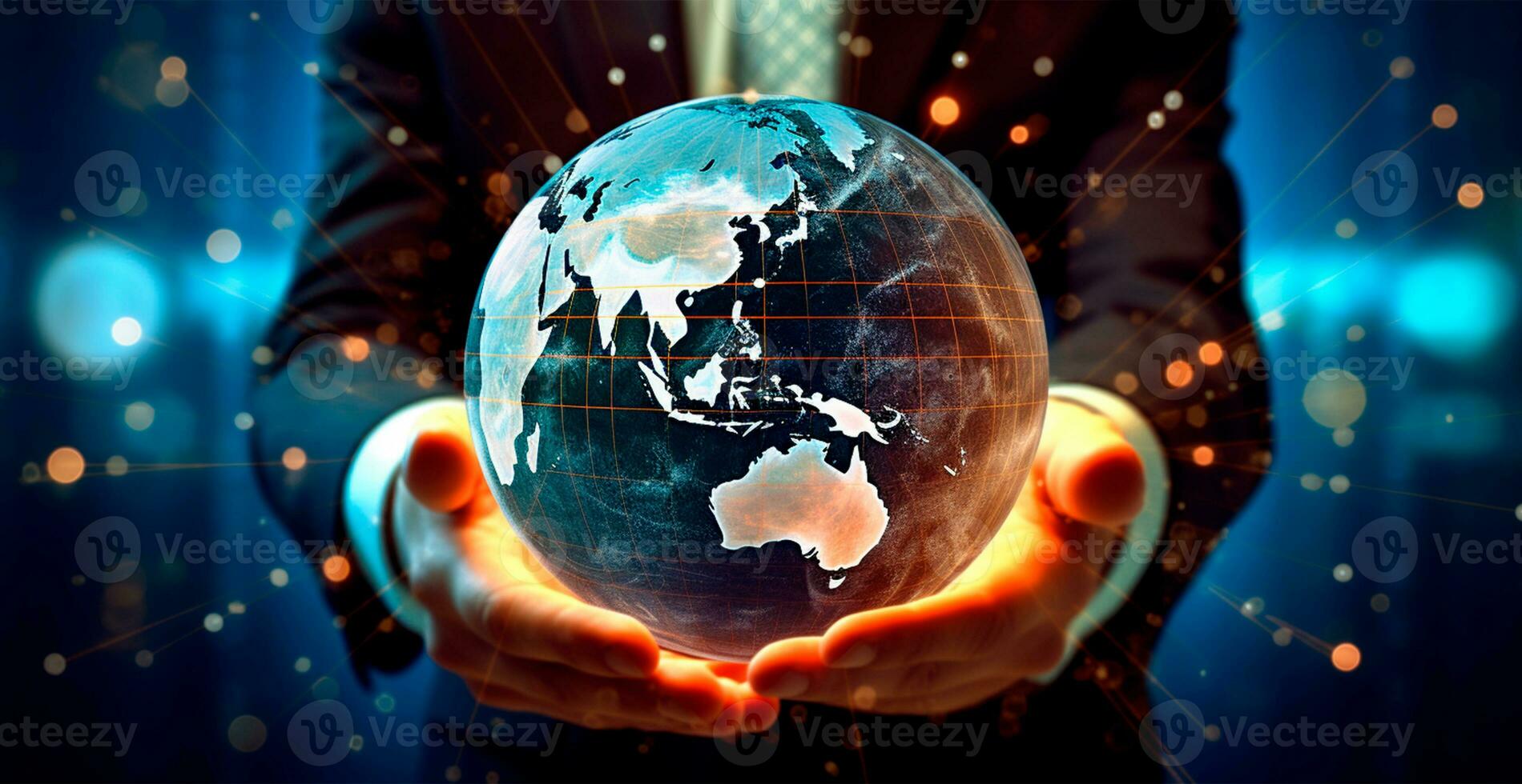 Close-up of a businessman holding a digital globe in his palm, business concept - AI generated image photo