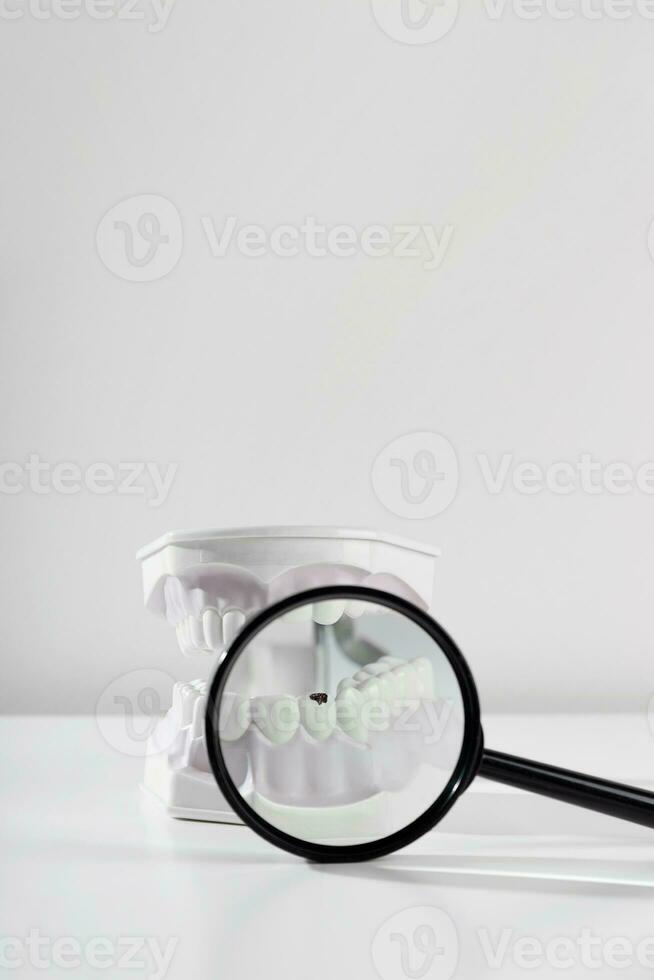 Caries visible through magnifying glass on plastic jaws. Dental health, dentistry and caries concept. photo