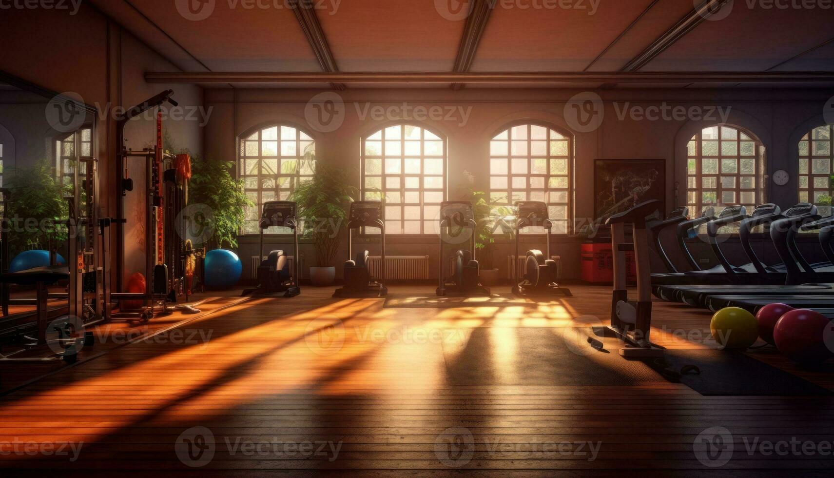 ai generative Interior of a fitness hall with large windows. 3D rendering photo