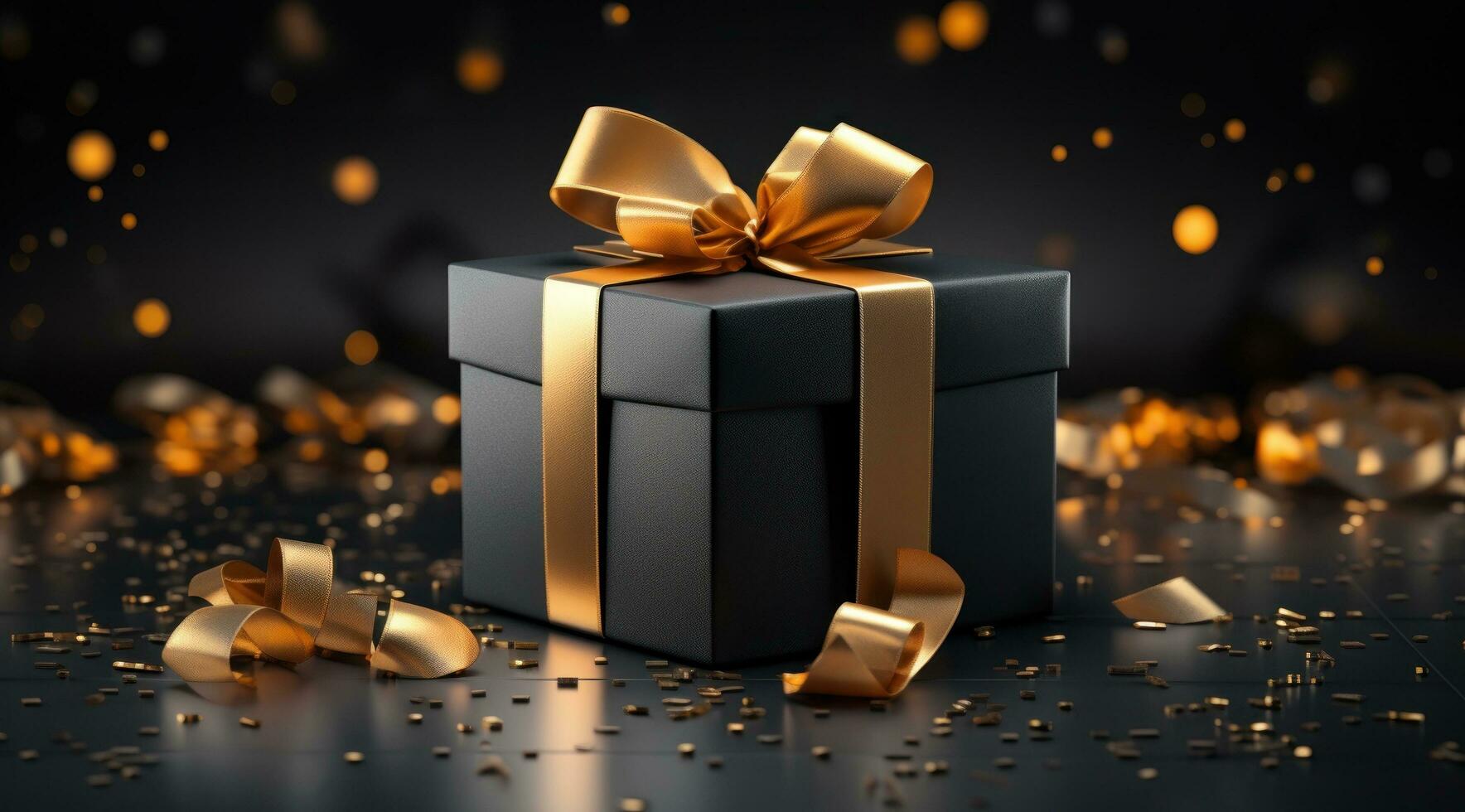 a black and gold gift box with a yellow bow and gift label photo