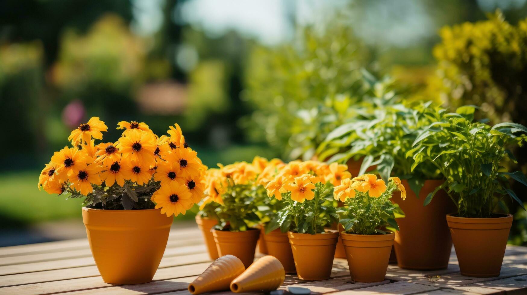 jardinería - conjunto de herramientas para jardinero y macetas de cerca foto