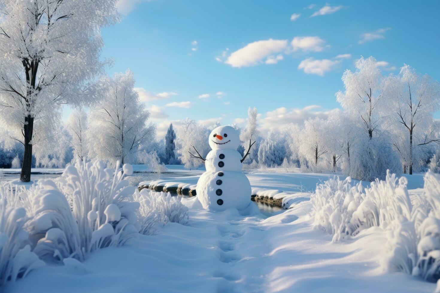 a snowman is standing in a snow field with clouds surrounding it photo