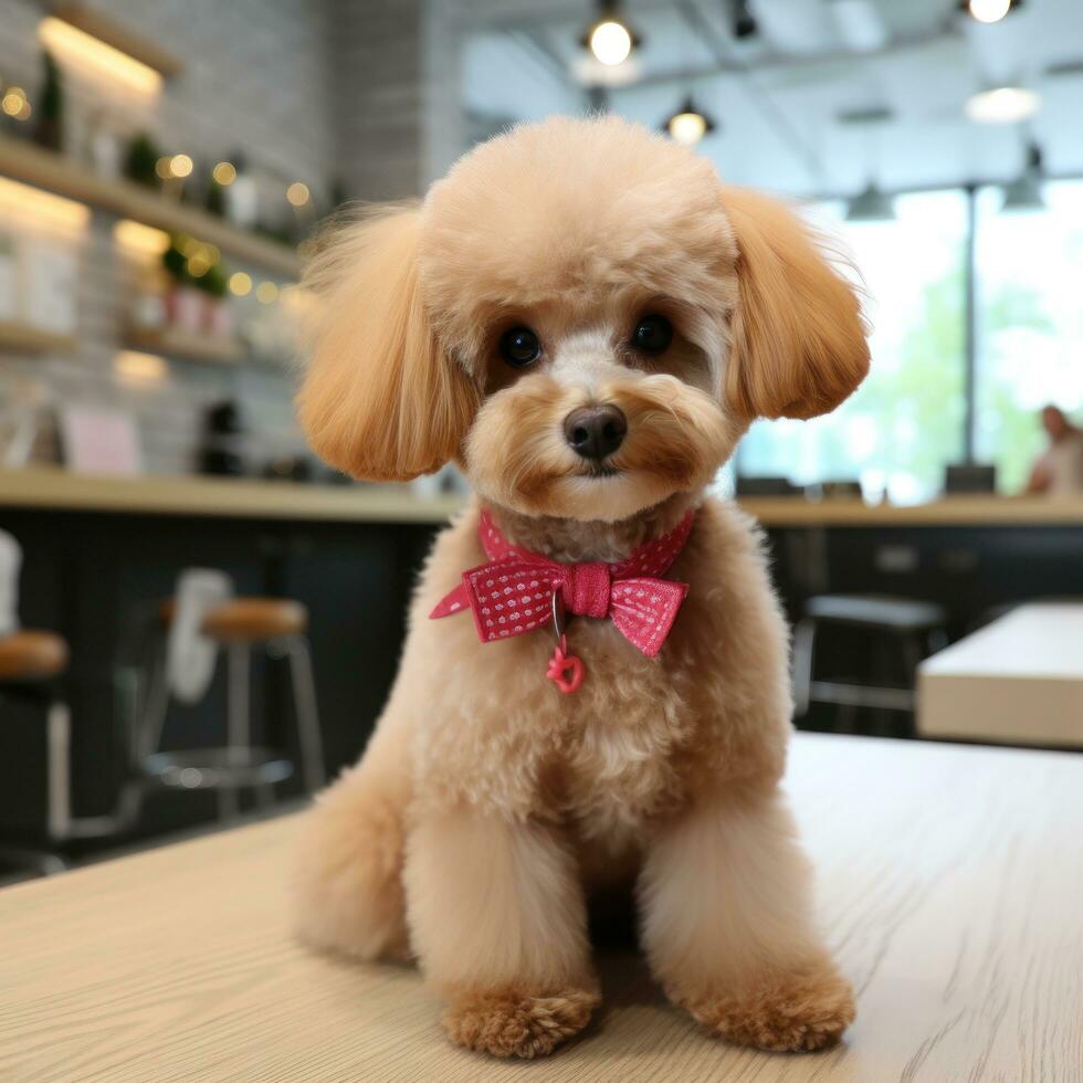 Poodle with a classic summer cut, sittin pretty with a red bow photo