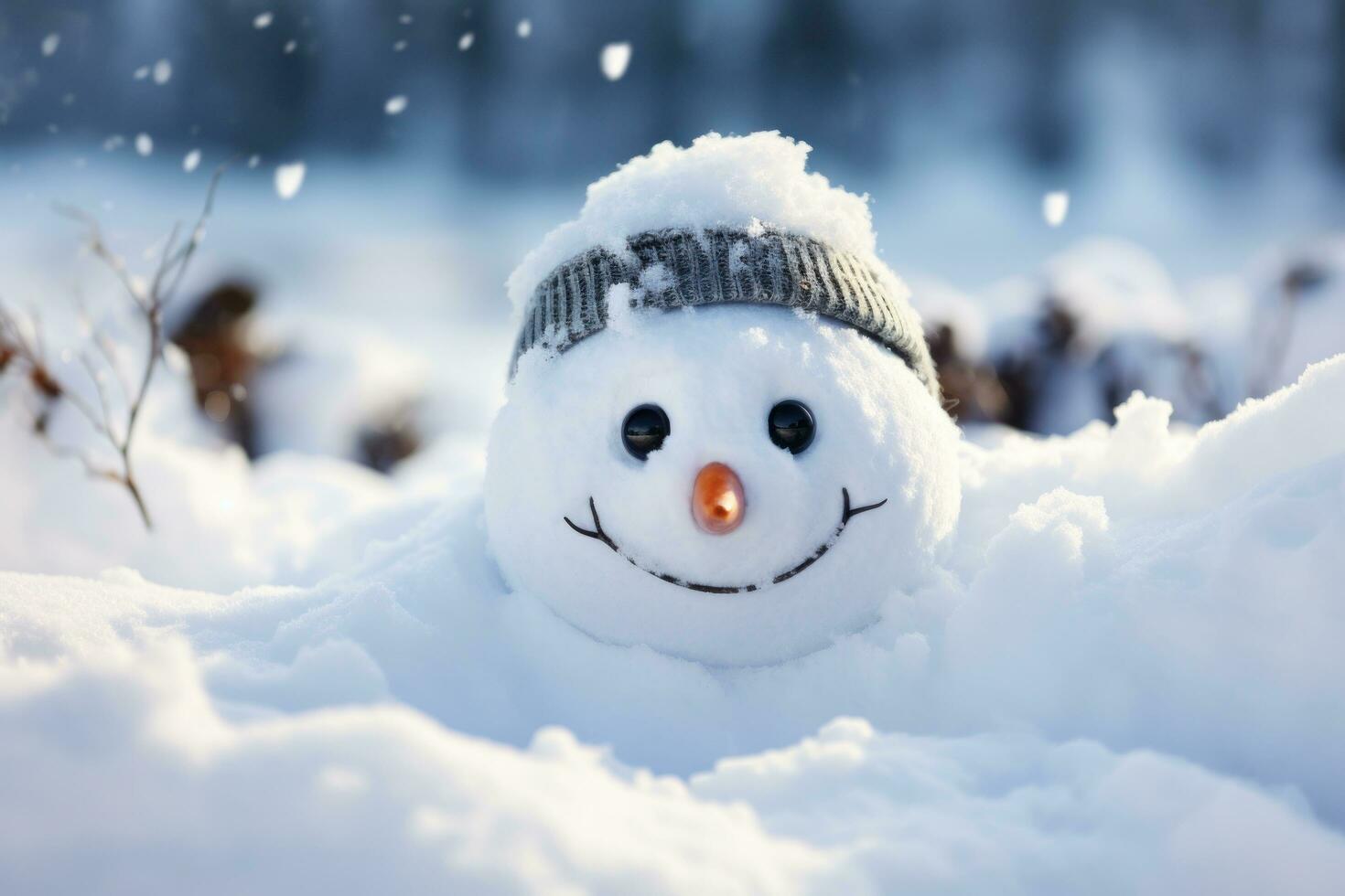 joyful snowman on a background of winter snow photo