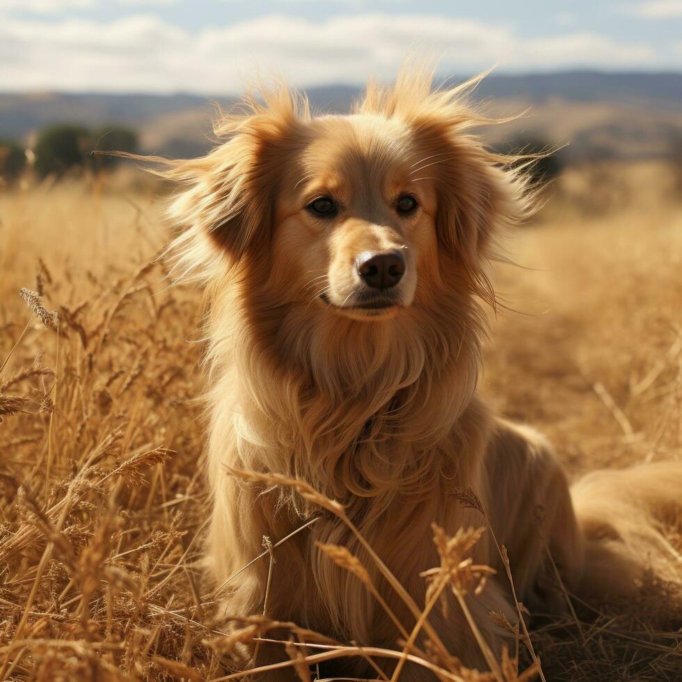 Golden retriever with a trendy lions mane cut, posing in a field photo
