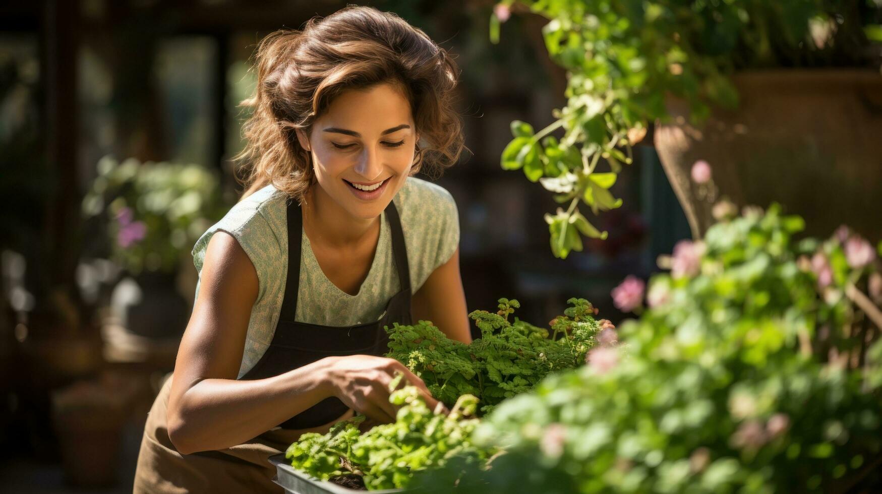 A Joyful Gardener Tending to Her Flowers In her gardening gloves and apron photo