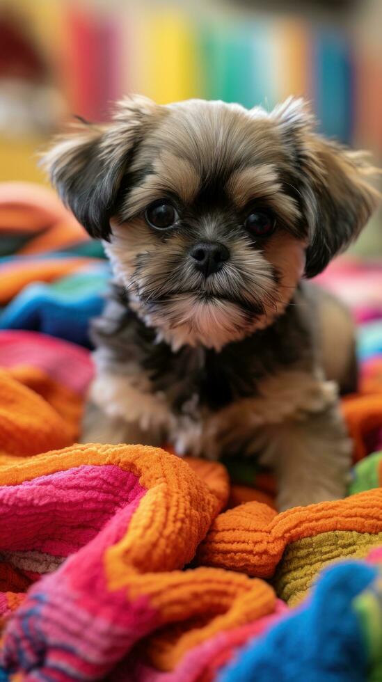 Shih Tzu with a playful topknot, sitting on a colorful blanket photo