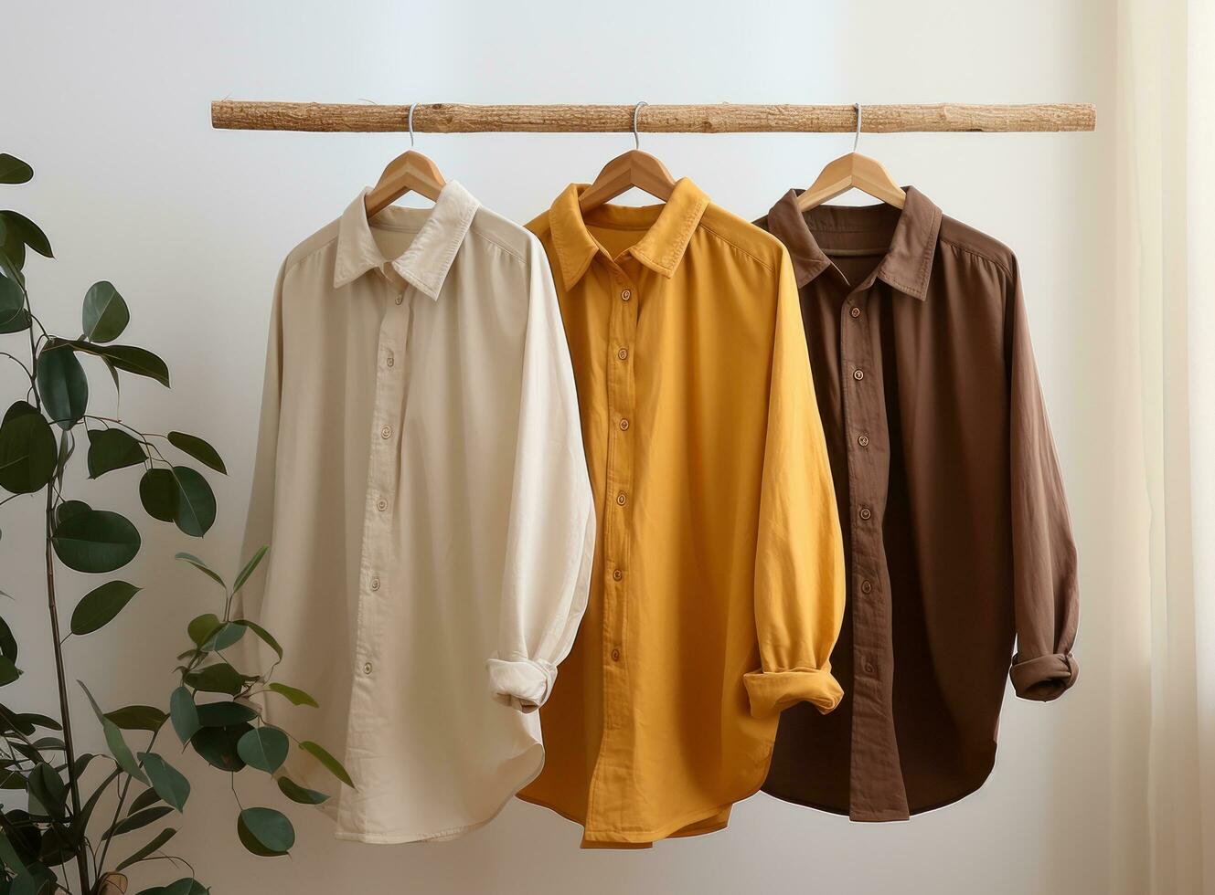 three dress shirts hanging on a wooden hanger photo