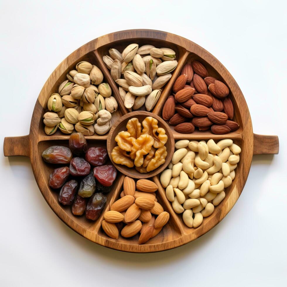 Dried fruits nuts in bowls set dry apricots figs raisins walnuts almonds and other healthy nutritious snacks white table photo