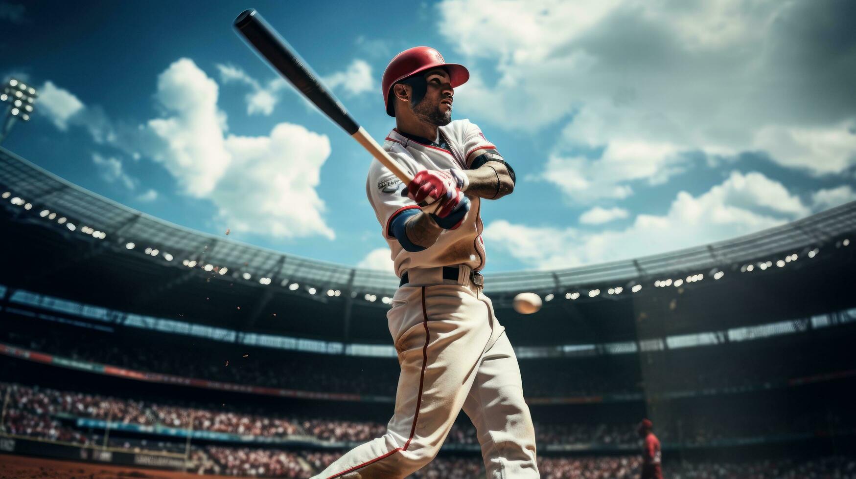 profesional béisbol jugador en acción en grandioso arena foto