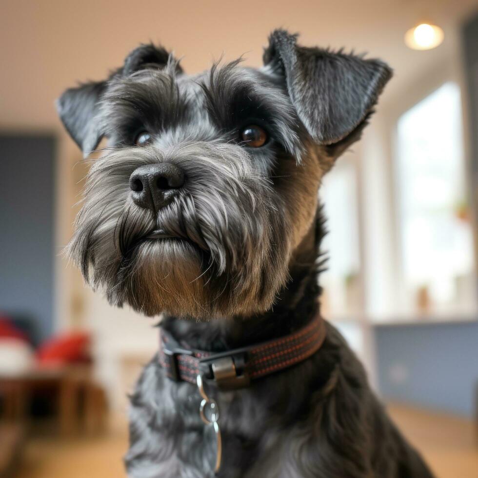 Terrier with a traditional schnauzer cut, looking alert and adorable photo