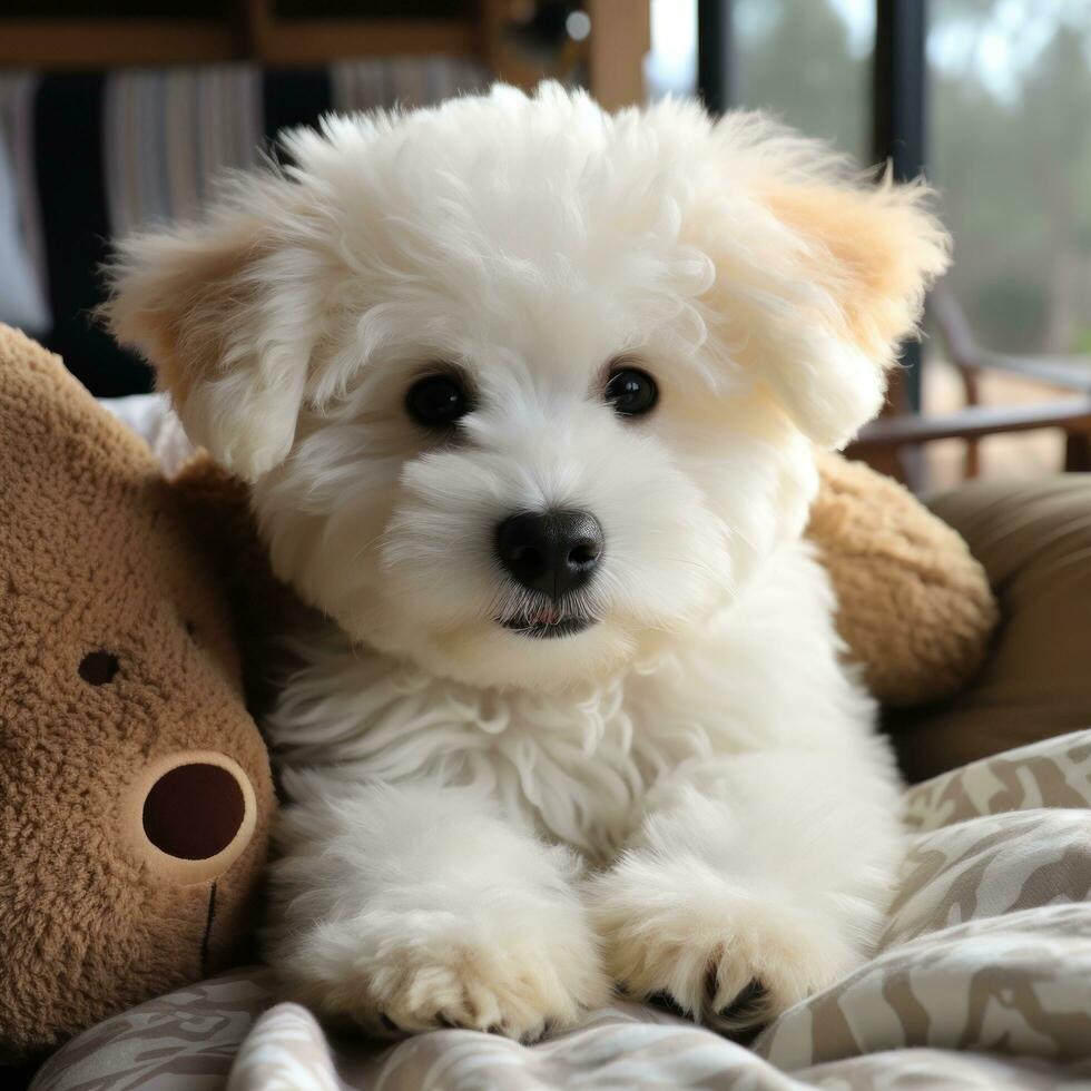 bichón frise con un mullido osito de peluche oso cortar, Listo para abrazos foto