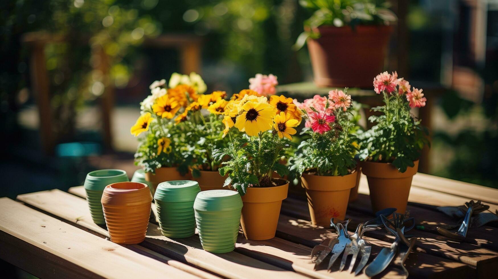 jardinería - conjunto de herramientas para jardinero y macetas de cerca foto