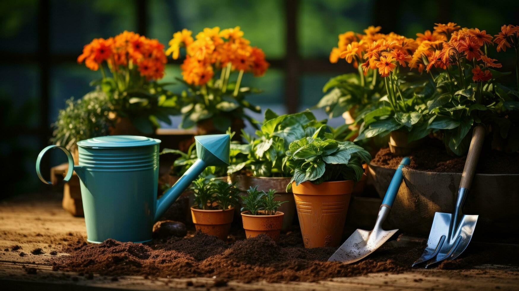 Gardening - Set Of Tools For Gardener And Flowerpots close-up photo