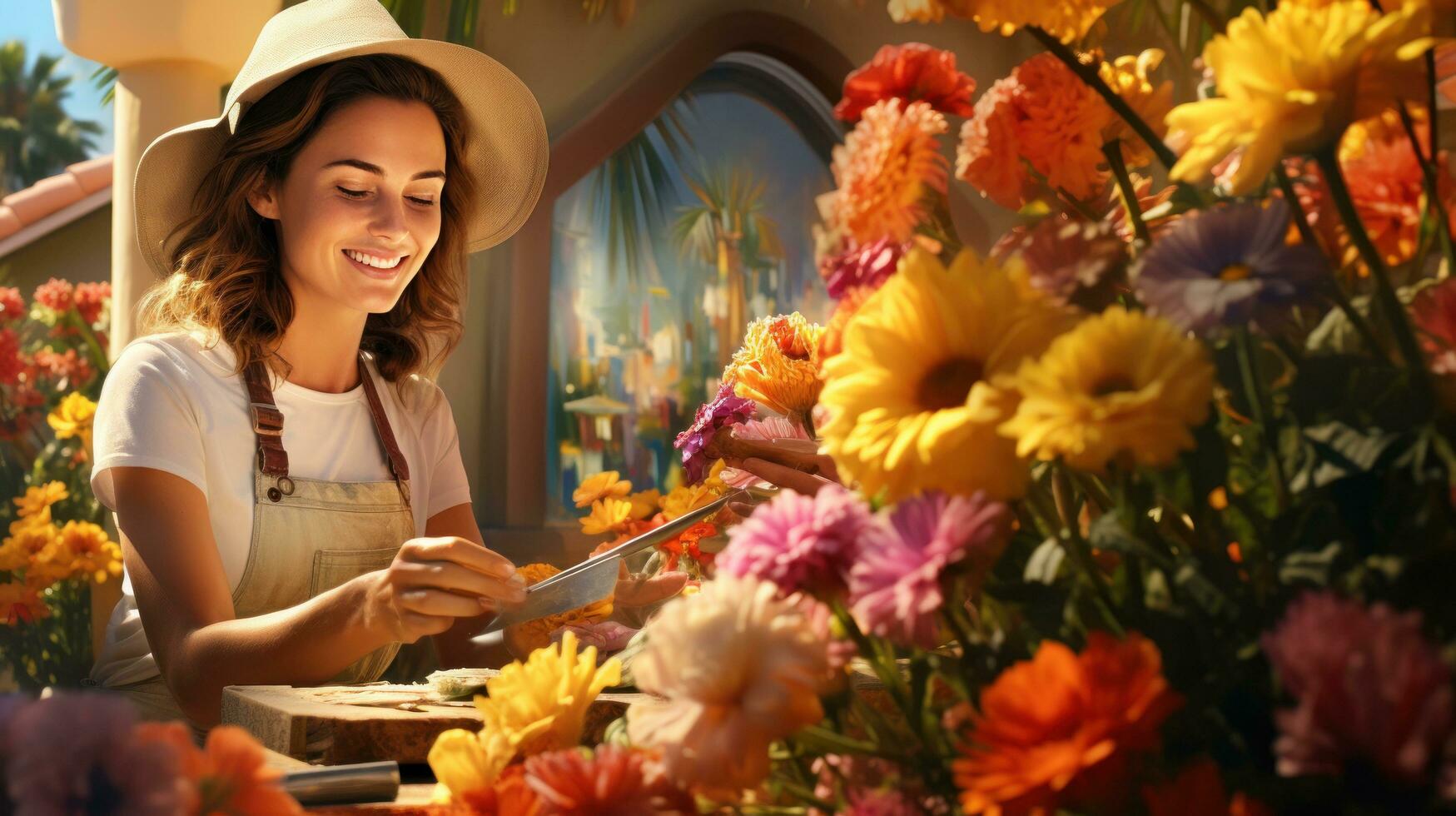 A Joyful Gardener Tending to Her Flowers In her gardening gloves and apron photo