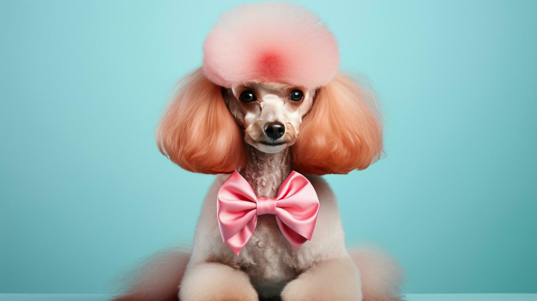 Poodle with a classic summer cut, sittin pretty with a red bow photo