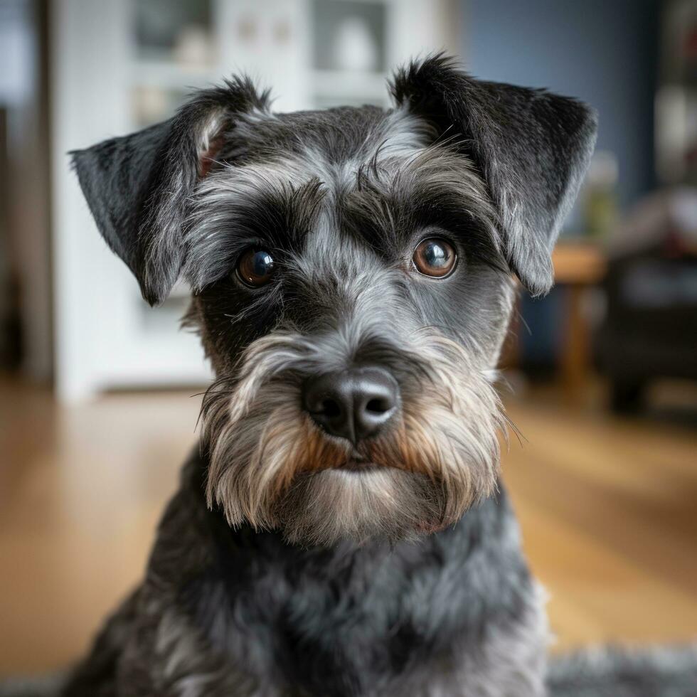 Terrier with a traditional schnauzer cut, looking alert and adorable photo