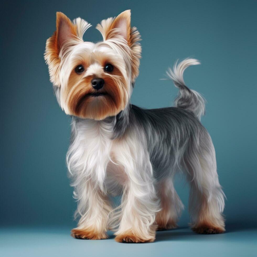 Yorkshire terrier with a sleek and modern puppy cut on photo