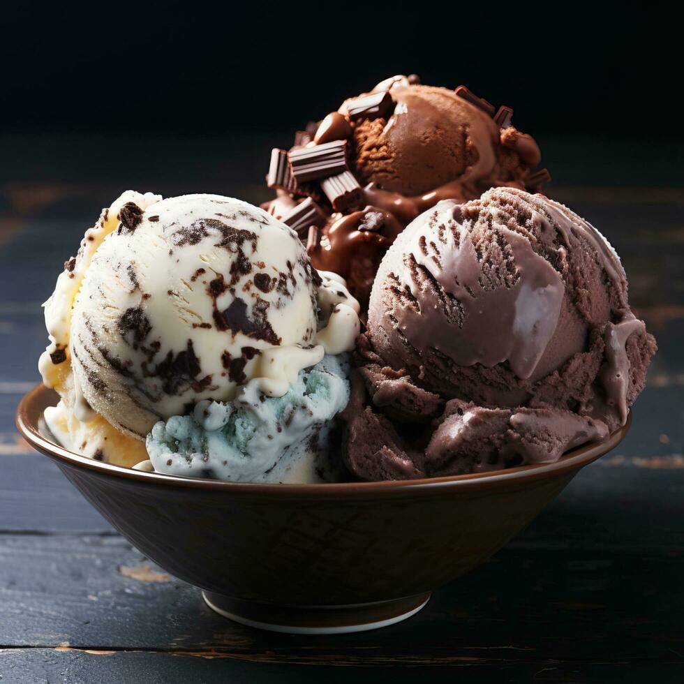 Chocolate and vanilla ice cream bowl dessert close up photo