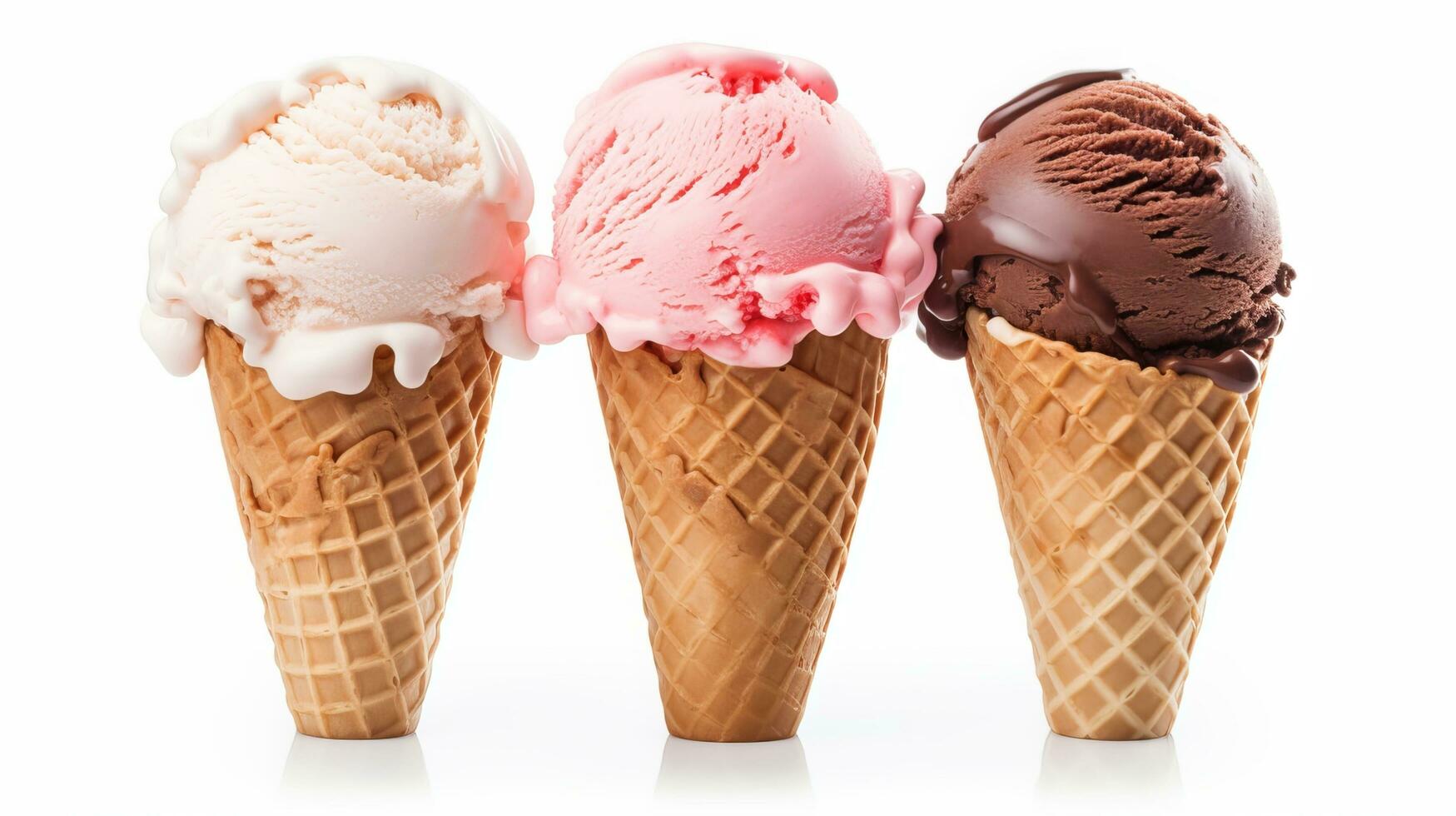 Ice cream scoops with vanilla, chocolate and berry scoops and topping photo