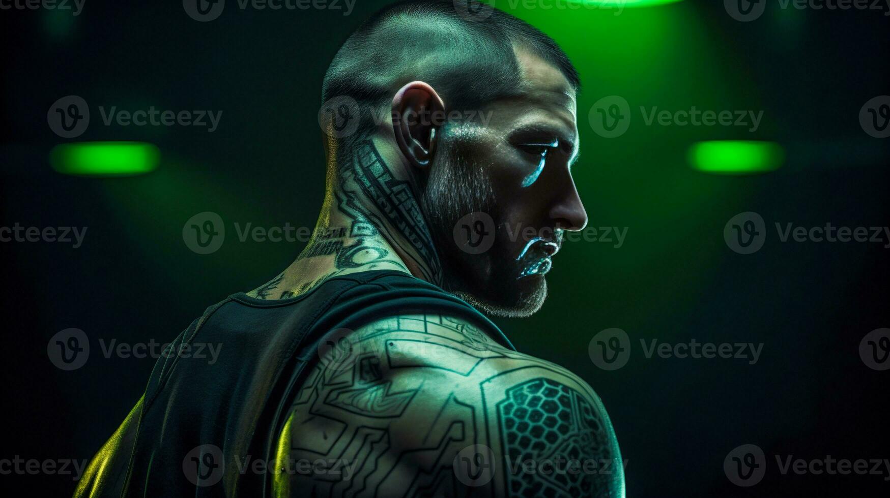 aptitud y estilo un hermoso hombre con tatuajes muestra su músculos y poder ai generado foto