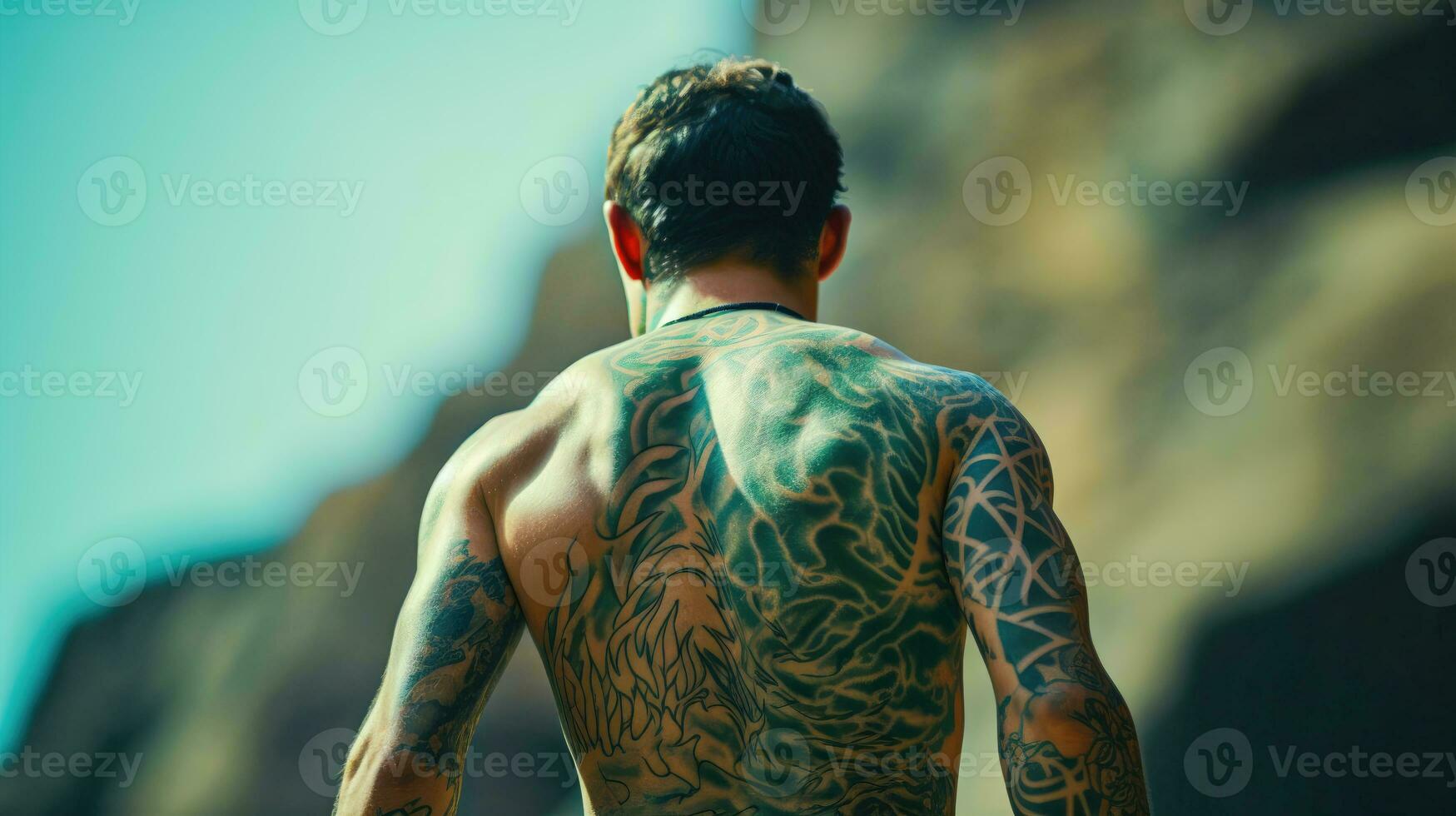 Adventurous Spirit Rock Climbing Enthusiast with Bold Tattoo on Back AI Generated photo