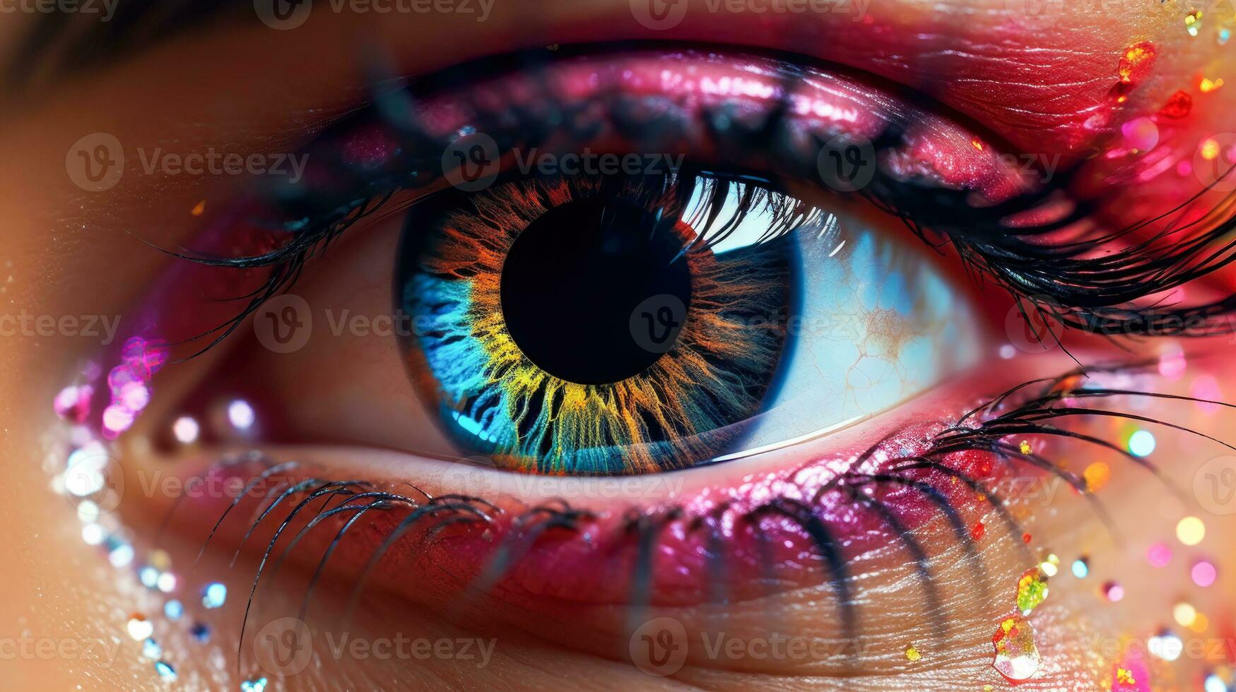 Vivid Eyeball with Rainbow Iris and Glitter Eyelashes A Female Eye