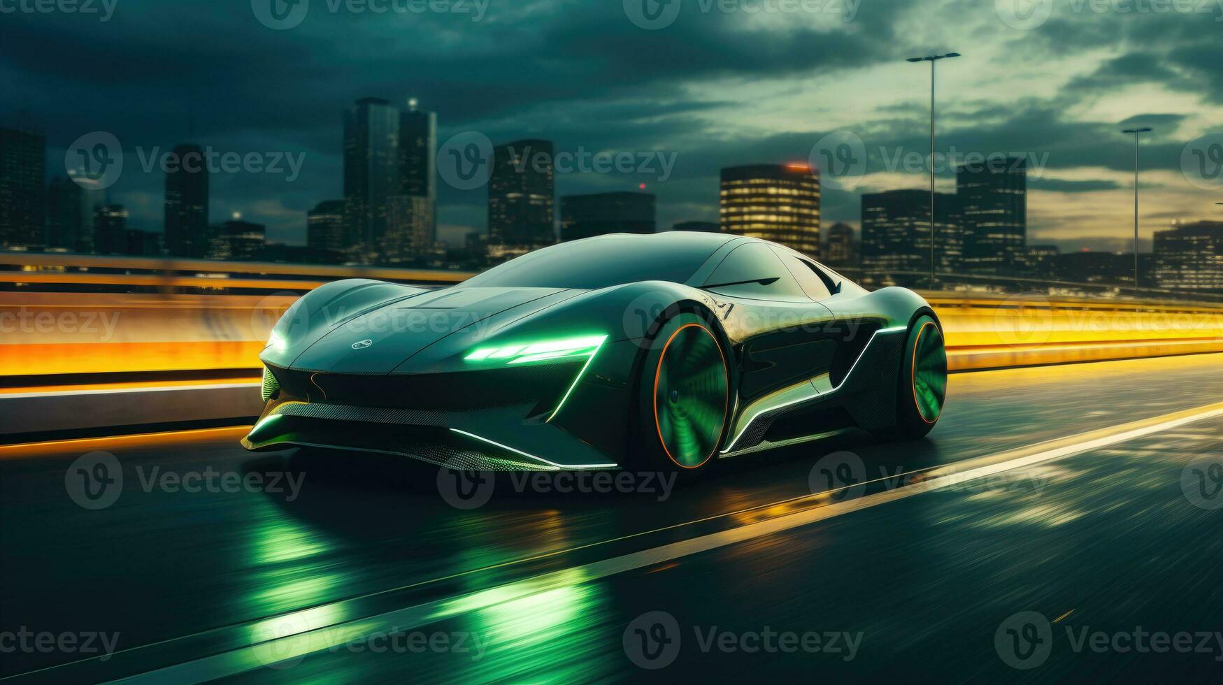 Futuristic Power A Fast Electric Car Speeding on a Sleek Highway AI Generated photo