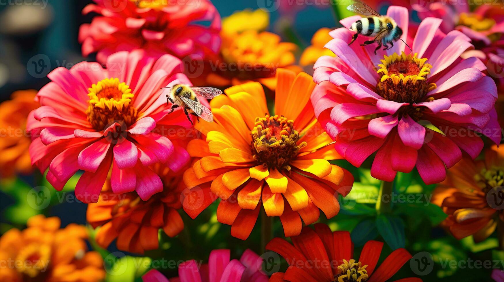 Floral Coexistence A Peaceful Garden with Vibrant Zinnias and Buzzing Insects AI Generated photo