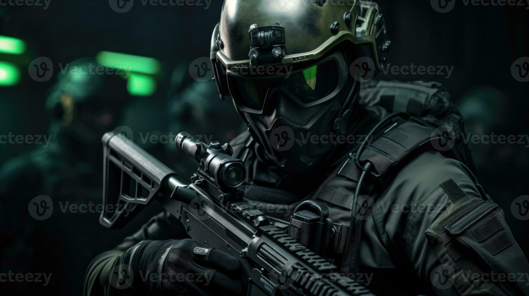 Urban Warfare A Tactical Squad Member in Combat Ready Gear and Equipment AI Generated photo