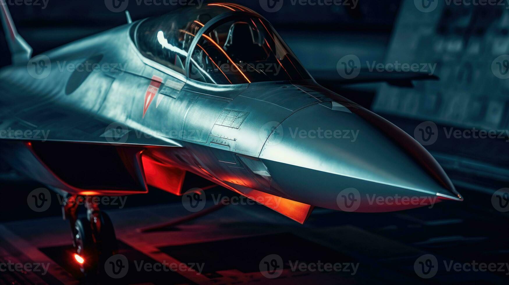 A Futuristic and Supersonic Fighter Jet in a Dark Hangar AI Generated photo