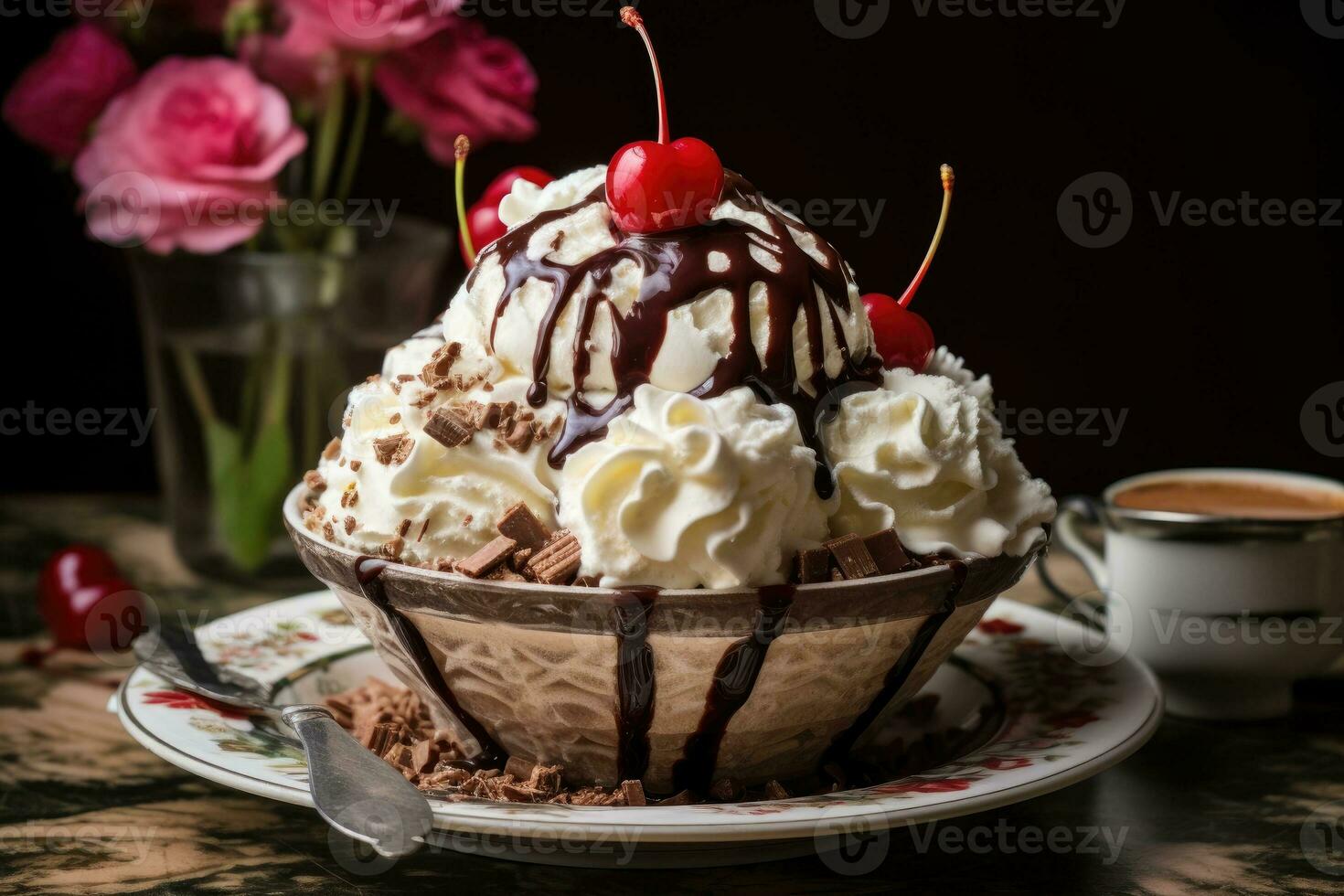 Ice cream with cherry in a bowl. Generative AI photo