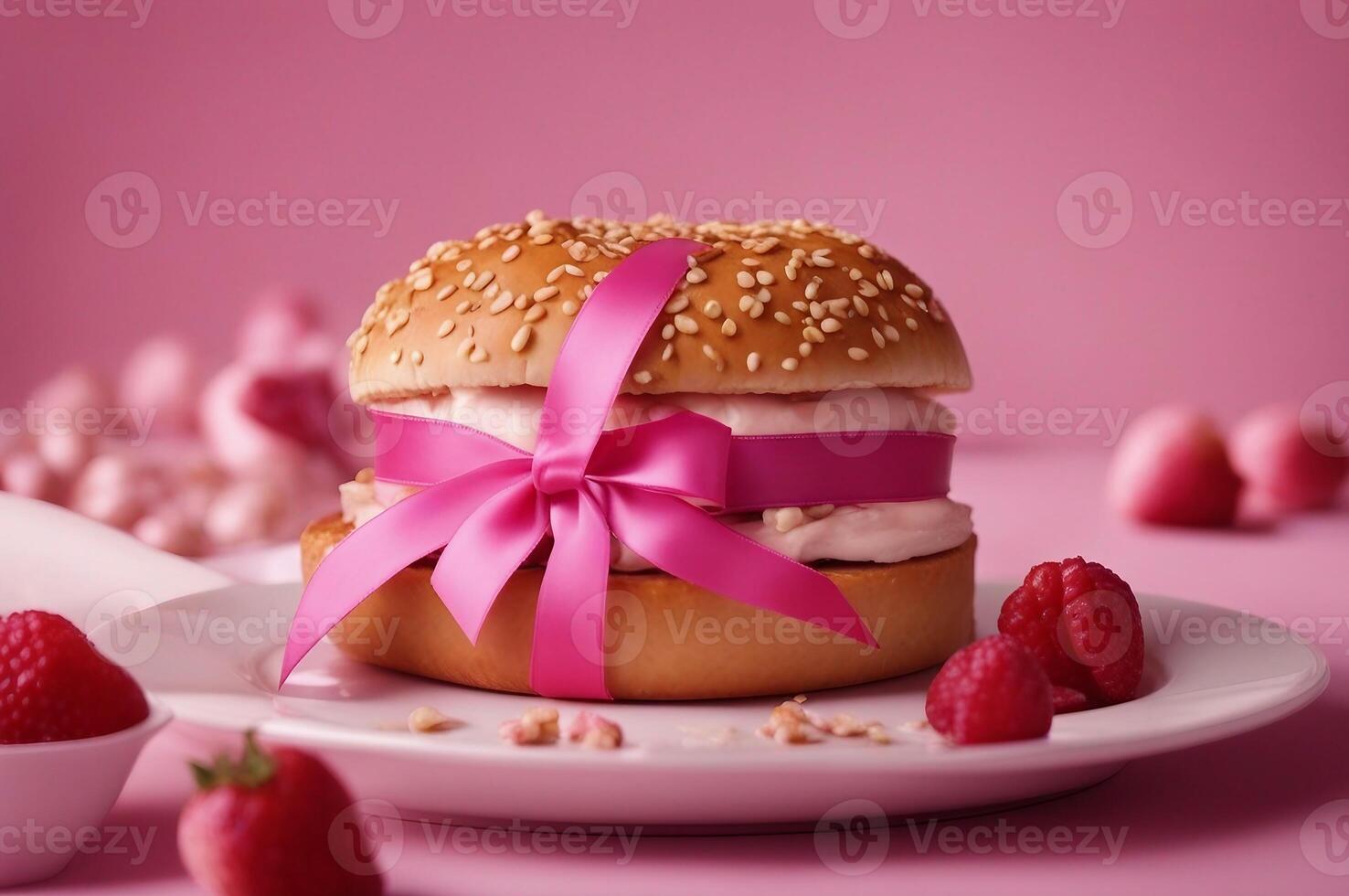 Ai generated image Hamburger in plate and pink ribbon. photo