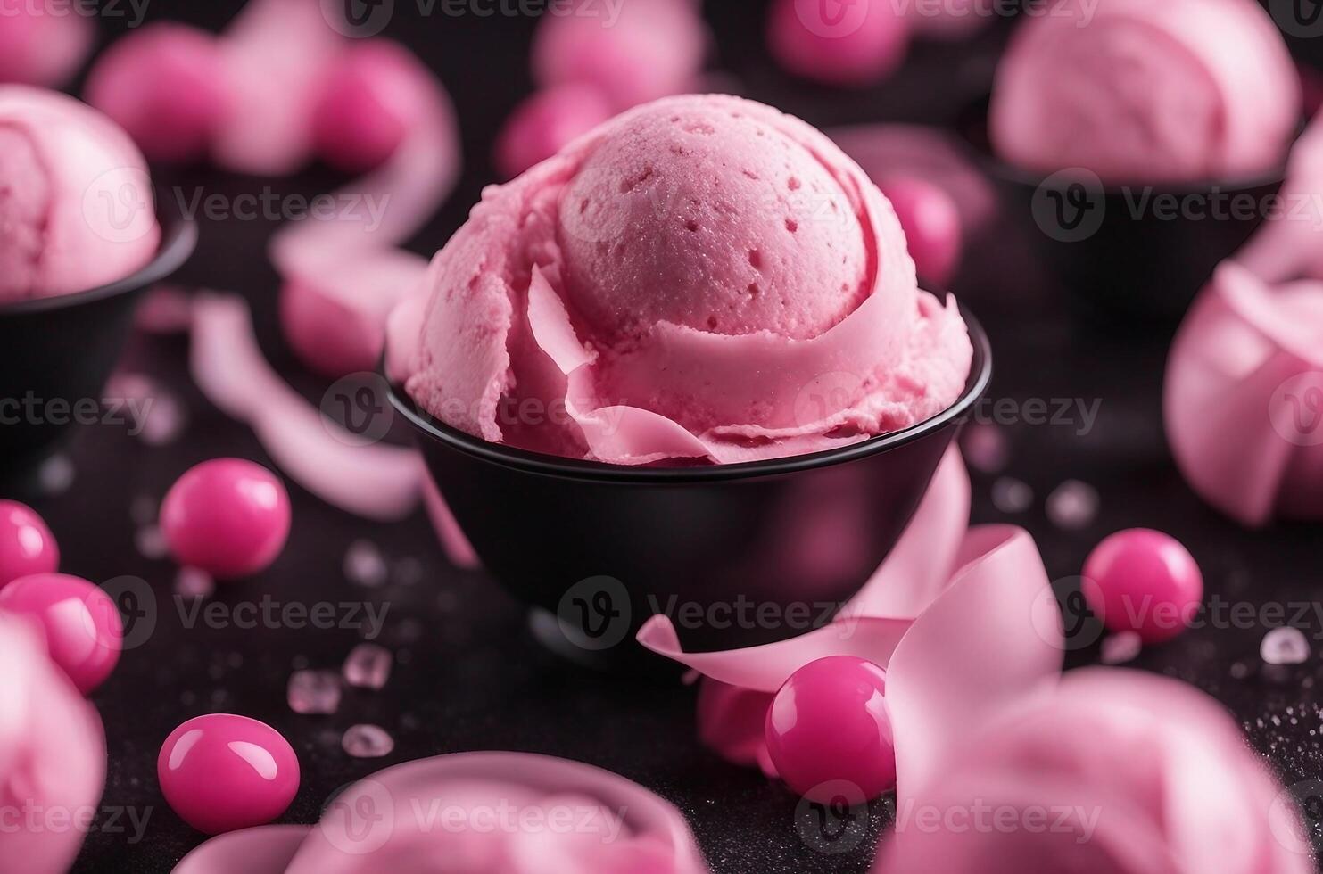 Sweet pink ice cream with scattered roses. image generated by ai. photo