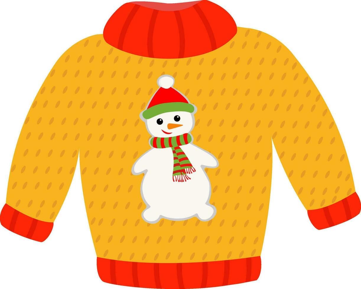 Cute warm red and yellow christmas sweater for winter weather. Xmas pullover or jumper with snowman. Holiday cozy outfit. Vector illustration in cartoon style. Vector illustration