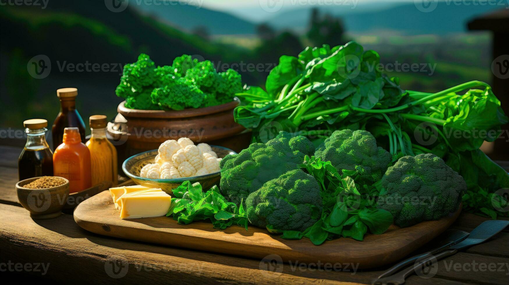 Fresh and Organic Produce on a Wooden Table with a Farm View AI Generated photo
