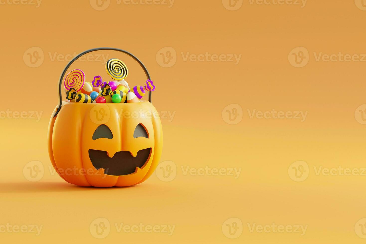 Víspera de Todos los Santos antecedentes modelo con Víspera de Todos los Santos calabaza Cubeta y sitio web de dulces bandera en 3d estilo para póster o saludo tarjeta.3d hacer ilustración foto