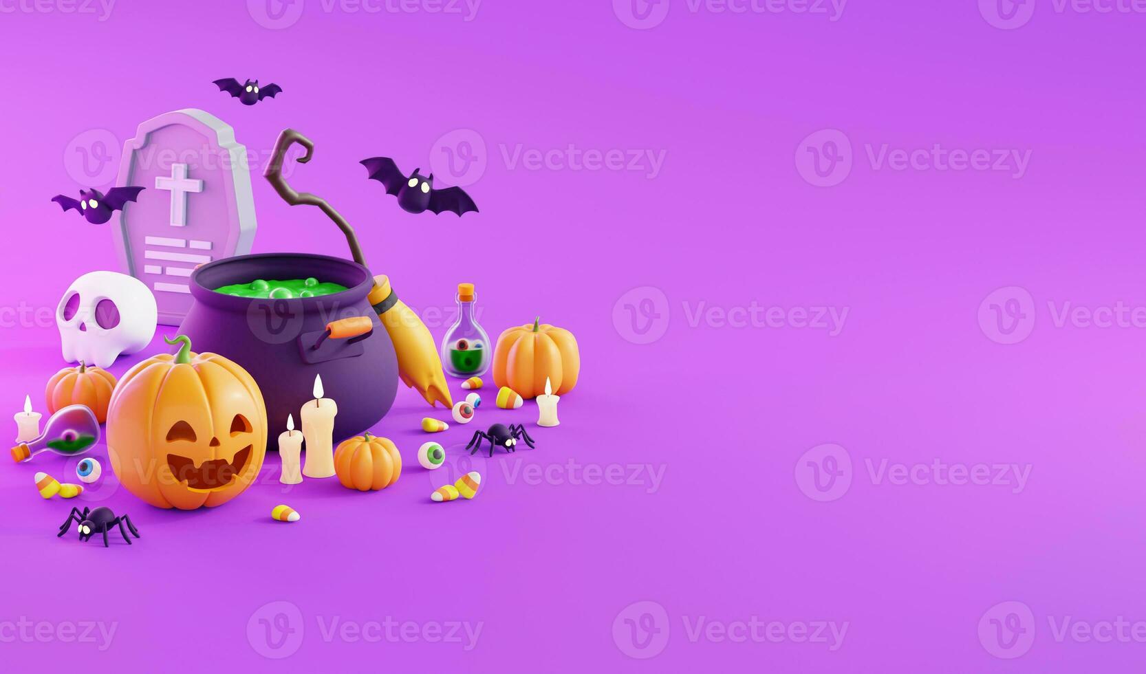 Halloween Promotion Poster or banner template with Halloween pumpkin ghost,candy,bat,spider and Halloween elements.Website banner in 3D style for poster or greeting card.3d render illustration photo