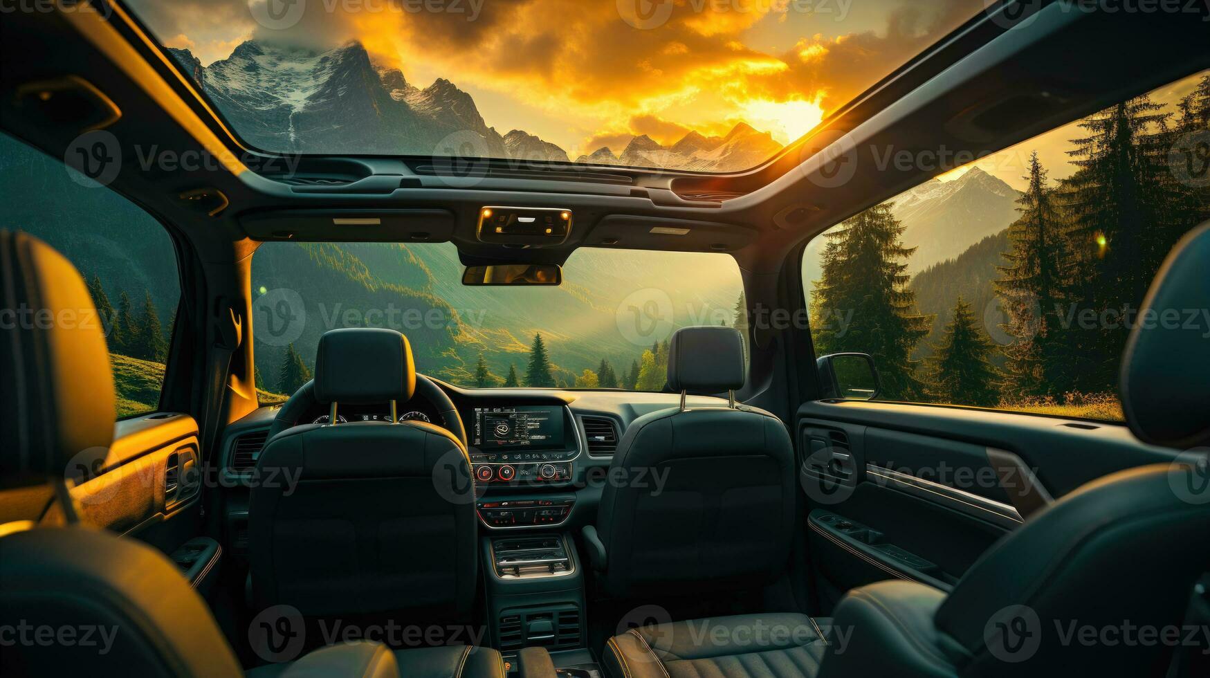 Road Trip Adventures Car Travel and Wonderful View of Amazing Mountain and Open Field AI Generated photo