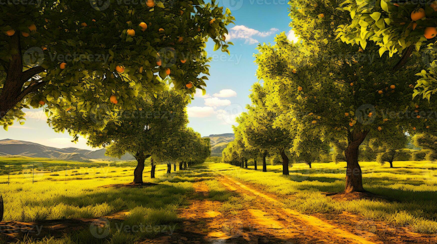 Tranquil Orchard Landscape A Realistic Digital Illustration of Pear Trees and Fields AI Generated photo