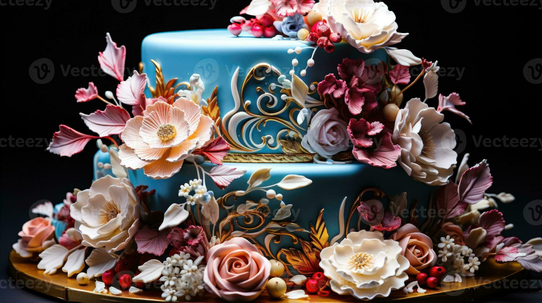 Culinary Elegance A Blue and Gold Cake with Sugar Flowers AI Generated photo