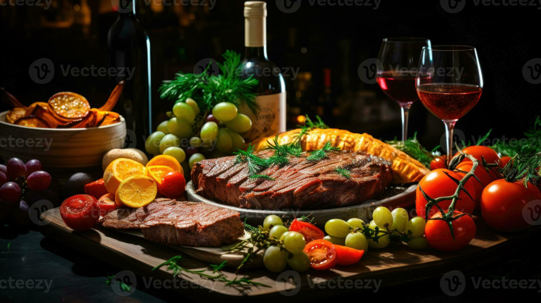 Wine and Dine A Gourmet Dining Experience with Red Meat and Fine Wines AI Generated photo