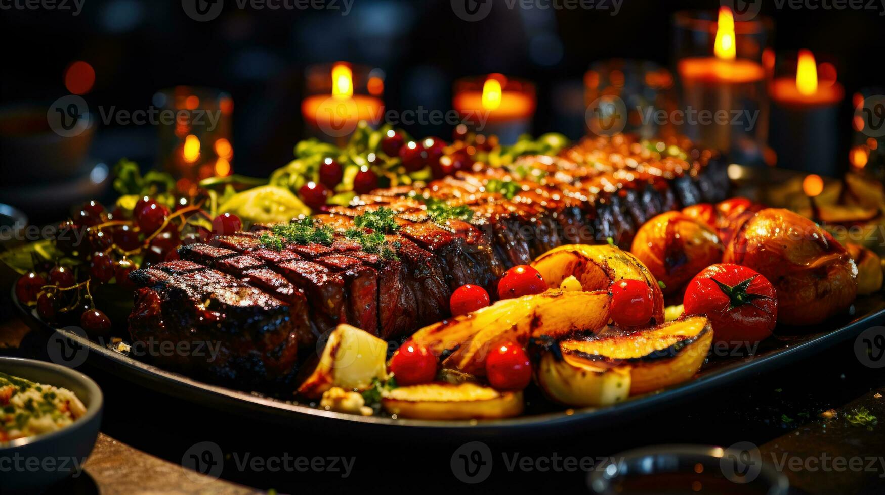 Grilled Meat and Vegetables Platter in a Cozy Restaurant Setting AI Generated photo