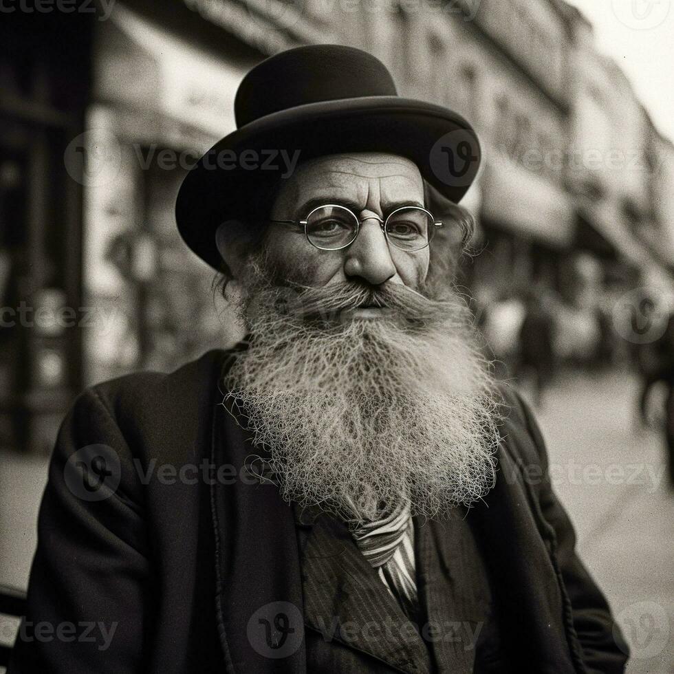 ortodoxo judío hombre, vestido en negro, vistiendo un largo barba y un sombrero generativo ai foto