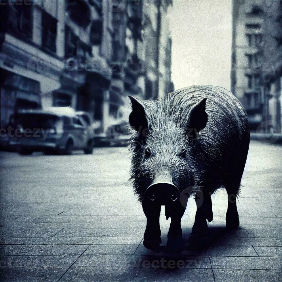 Urban Encounter Boar in the City   generative ai photo