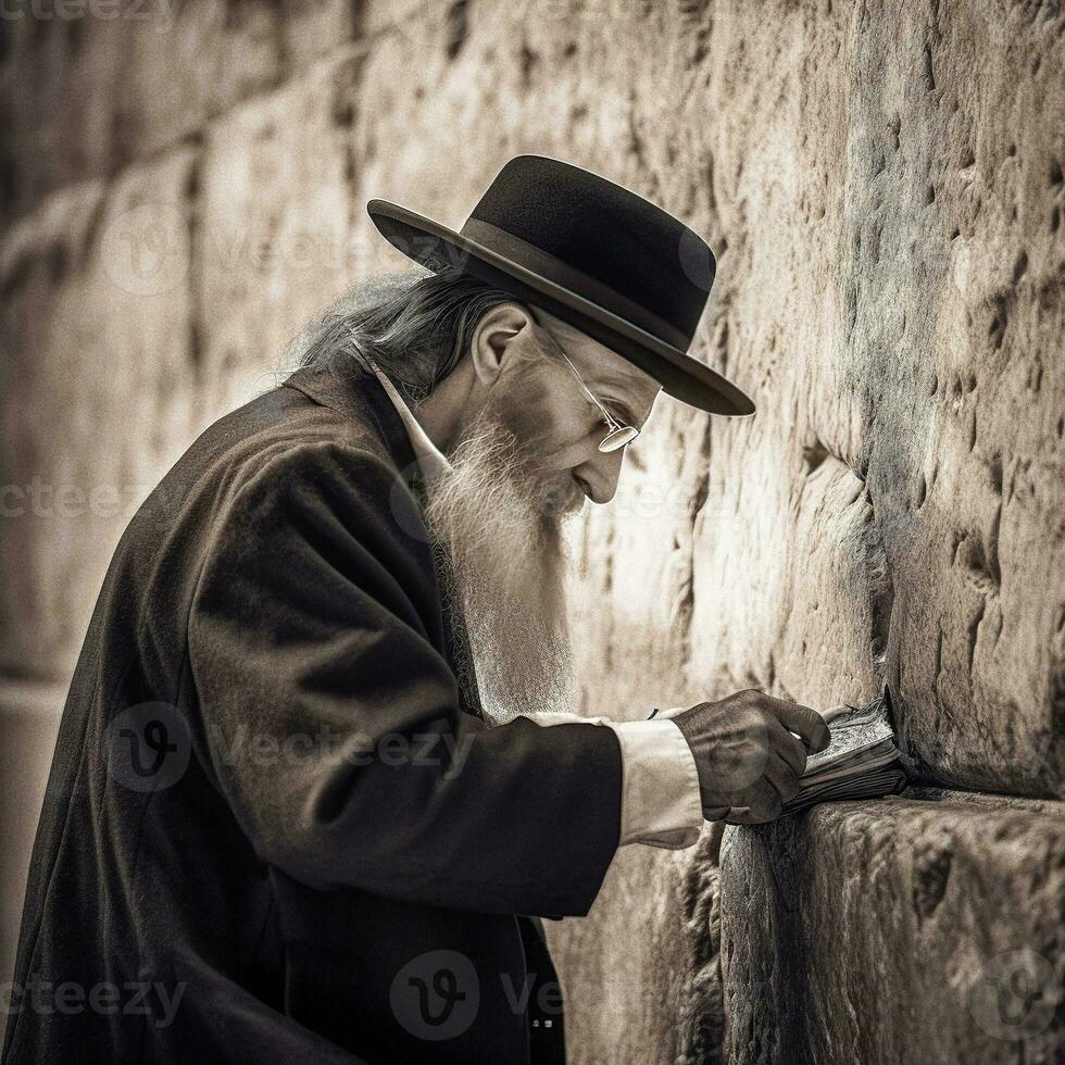 un hasídico judío Orando en el occidental pared en Jerusalén generativo ai foto