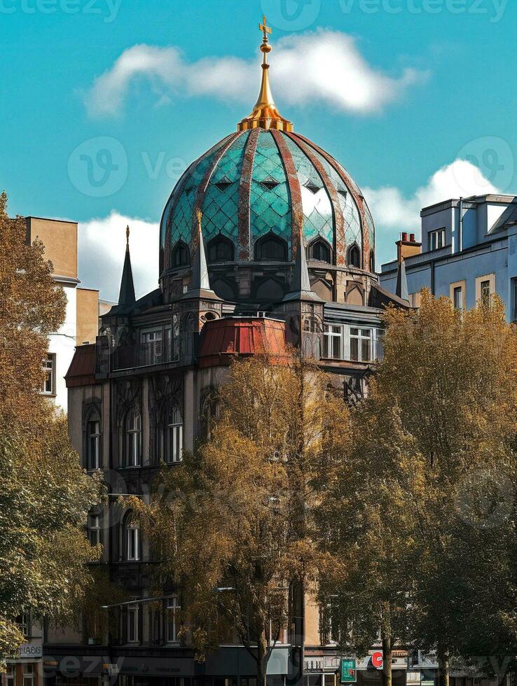 exterior view of a german synagogue in the style of Fasanenstrasse Synagogue Berlin   generative AI photo