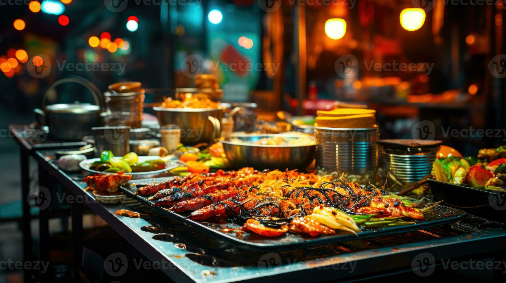 vibrante calle comida escena culinario maravillas de A la parrilla carnes y vegetales ai generado foto